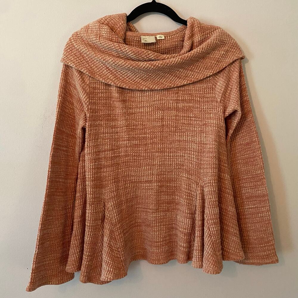 Anthropologie Pink Waffle Knit Flowy Sweater Boho Cowlneck Women's size Small